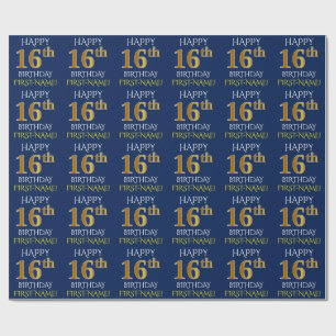 Papel De Presente Azul, ANIVERSÁRIO FELIZ Dourado do falso "16o "