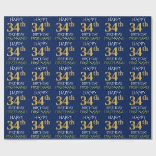 Papel De Presente Azul, ANIVERSÁRIO FELIZ Dourado do falso "34o "