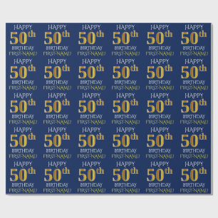 Papel De Presente Azul, ANIVERSÁRIO FELIZ Dourado do falso "50th "