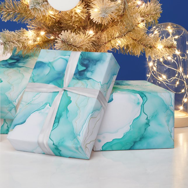 Papel De Presente Azul Aqua Casa Branca Dourada (Feriados)