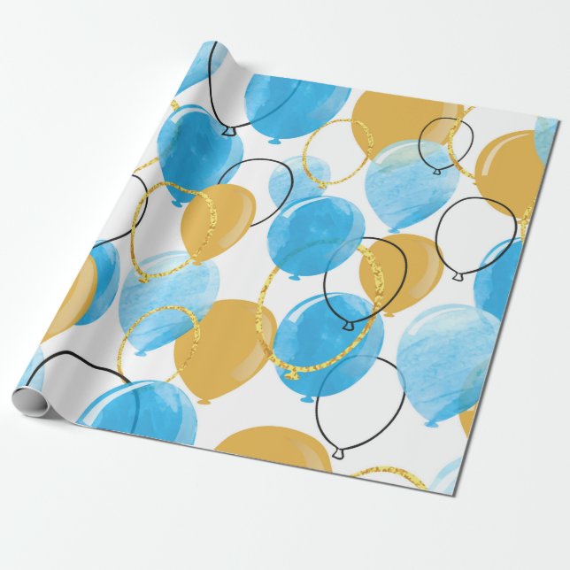 Papel De Presente Azul-aquarela e balões de ouro com brilho (Desenrolado)