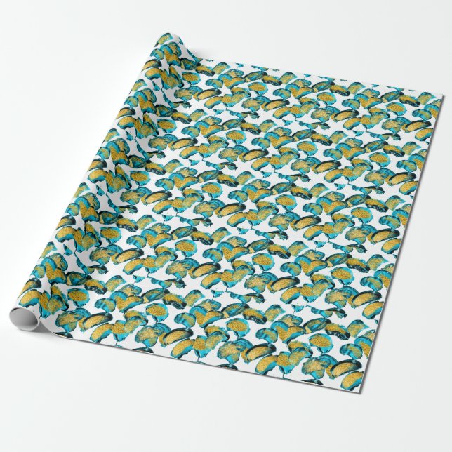Papel De Presente Azul aquarela, turquesa, arte dourada. (Desenrolado)