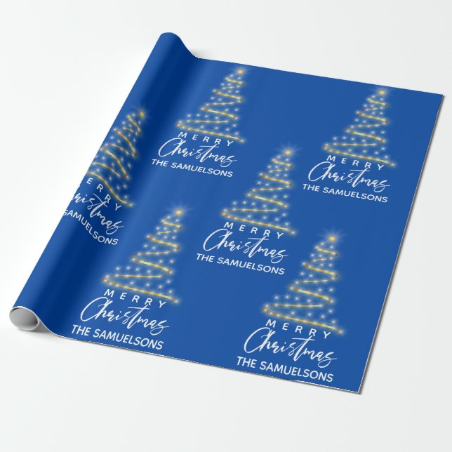 Papel De Presente Azul-árvore Dourada de Natal Personalizado (Desenrolado)