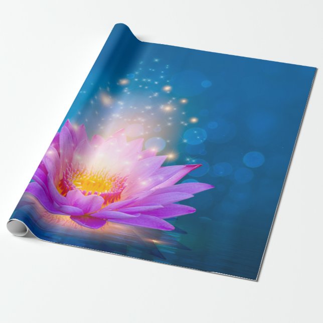 Papel De Presente Azul Azul, Flor de Lotus Branco (Desenrolado)