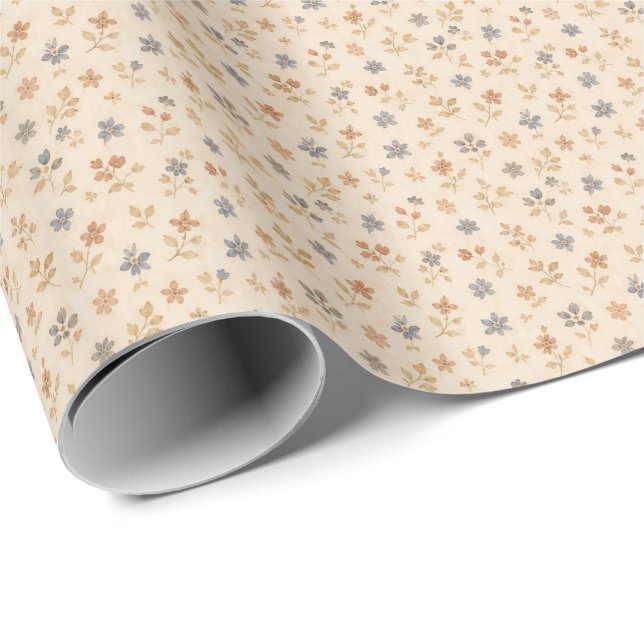 Papel De Presente Azul Bege Floral Vintage  (Ponta do rolo)