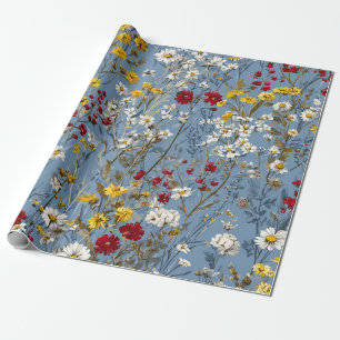 Papel De Presente Azul Branco Amarelo Vermelho Ditsy Flor Pastel Boh