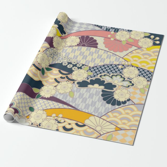 Papel De Presente Azul Branco Cor-de-rosa, japonês Kimono - Dissocia (Desenrolado)