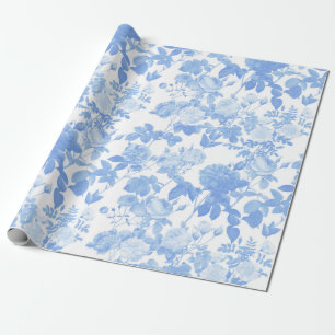 Papel De Presente Azul Branco Rosas Florais Padrão Francês Chinoiser