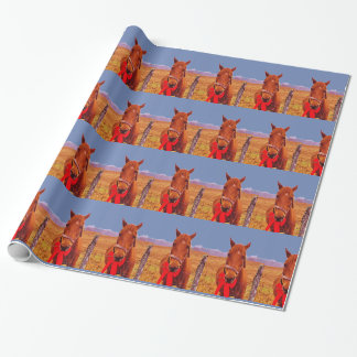 Papel De Presente Azul: Cavalo de Natal com arco vermelho e estocage