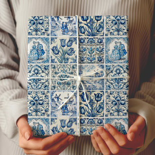 Papel De Presente Azul Chic Branco Toile De Jouy Bonecas Flores