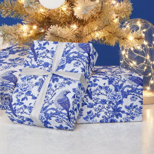 Papel De Presente Azul Chinoiserie Floral Monograma de Pássaro