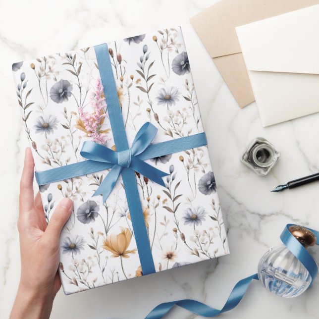 Papel De Presente Azul Cinza Bege Marrom Branco Boho Flores Aniversá (Presentear)