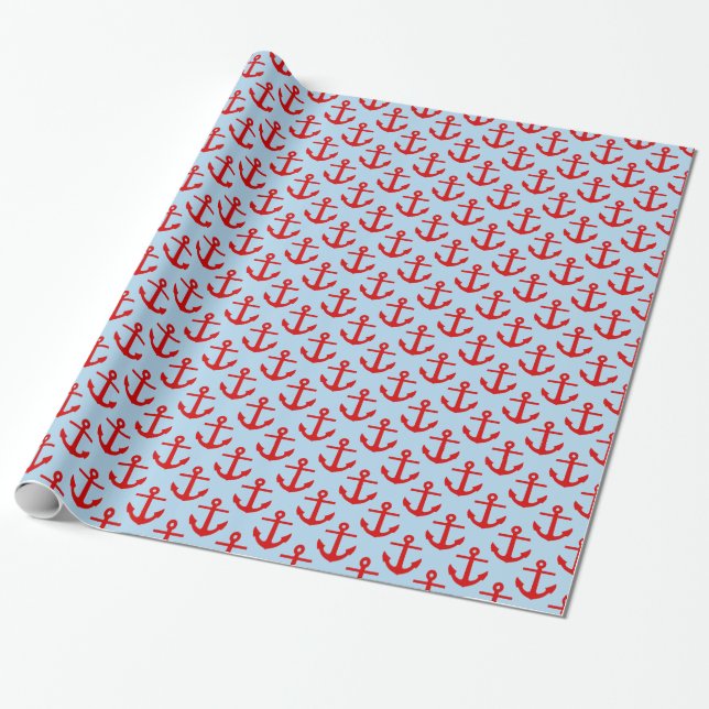 Papel De Presente Azul Claro, Padrão de Âncoras Vermelhas (Desenrolado)