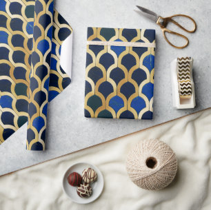 Papel De Presente Azul Cobalto e Ouro Padrão de Mármore Art Déco