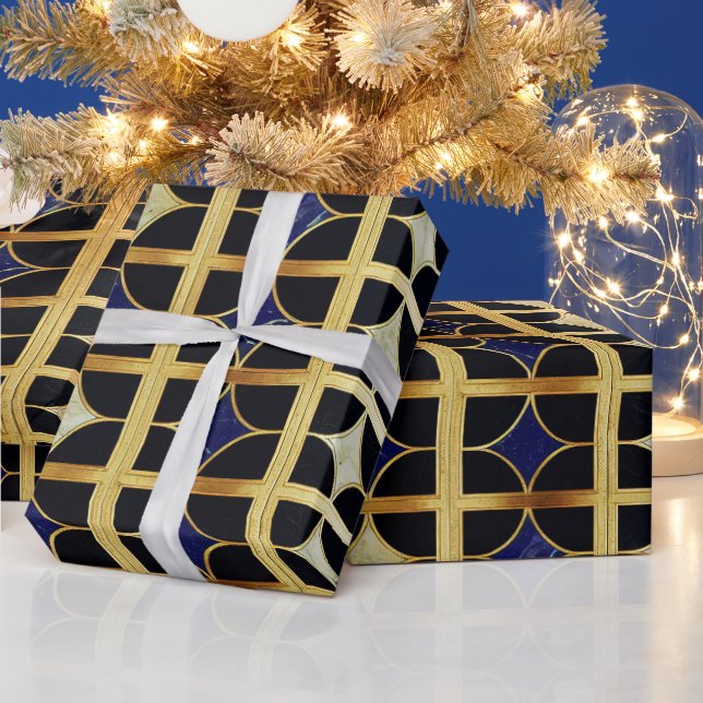 Papel De Presente Azul Cobalto e padrão de mármore Art Déco dourado (Feriados)