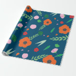 Papel De Presente Azul com padrão de flores de cores vibrantes<br><div class="desc">Papel de embrulho de presente Azul com padrão de flores de cores vibrantes. Único,  elegante e moderno. Com minhas ilustrações florais e folhagens. Rosas,  Papoulas,  folhas,  pétalas em laranja,  rosa,  verdes,  vermelhos.</div>