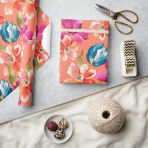 Papel De Presente Azul Cor-de-rosa Vermelho Azul Tulipas Petunia Flo