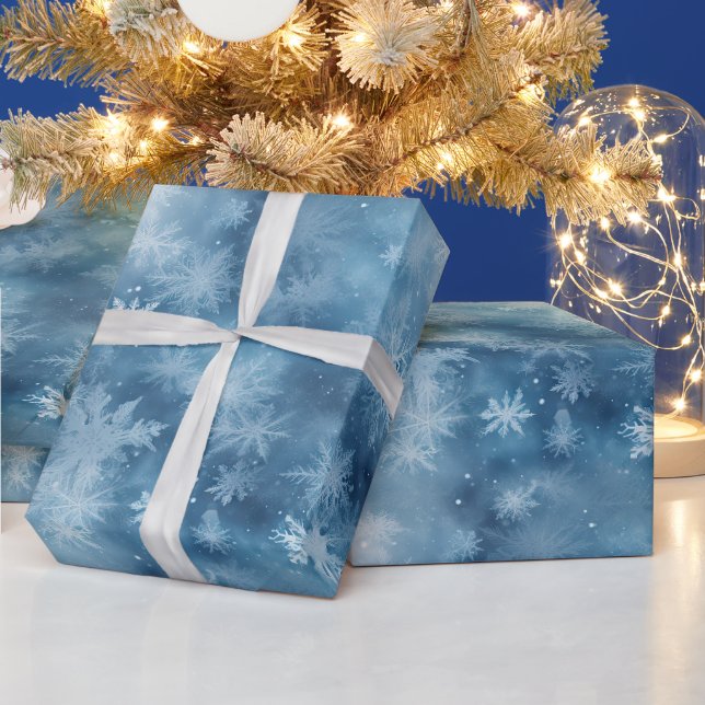 Papel De Presente Azul de Inverno Branco Flocos de Neve Natal (Feriados)