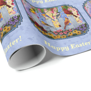 Papel De Presente Azul de Jardim com Flor de Pássaro Colorido