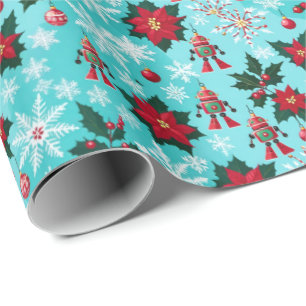 Papel De Presente Azul de Ornações Robôs Sci-Fi Retro Natal