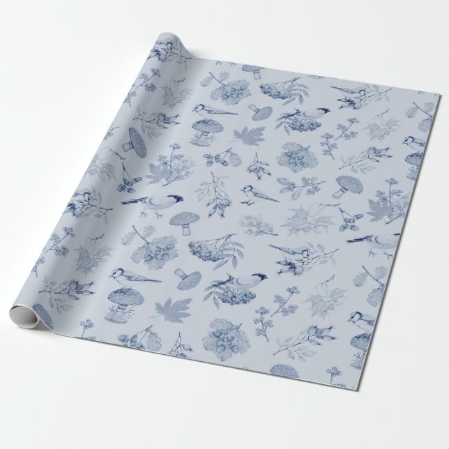 Papel De Presente Azul de outono deixa aves de berço, vegetação botâ (Desenrolado)