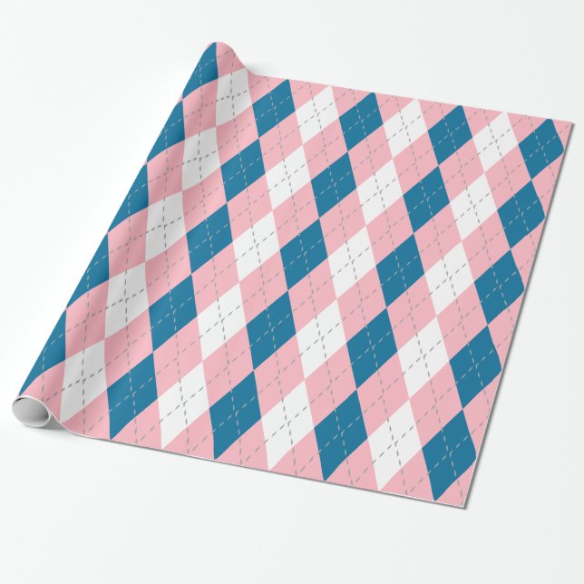 Papel De Presente Azul de Pavão Rosa Cinza Escuro Branco XL Argyle (Desenrolado)
