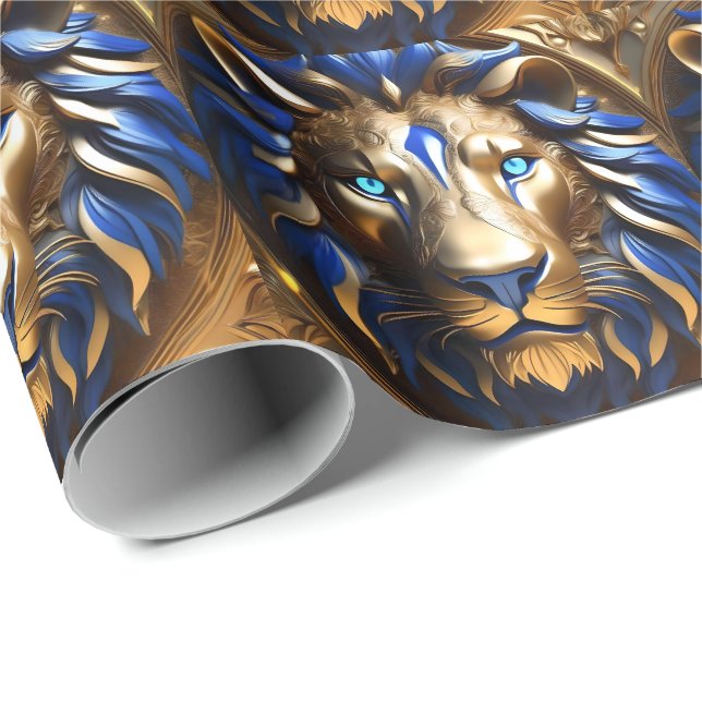 Papel De Presente Azul De Sapphire E Leão Dourado, (Ponta do rolo)
