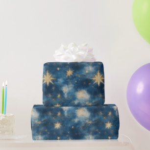 Papel De Presente Azul Dourado Brilhantes Estrelas Céu Aniversário