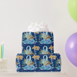 Papel De Presente Azul Dourado Elegante sob o mar