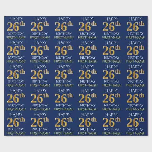 Papel De Presente Azul, Dourado "FELIZ 26 ANIVERSÁRIO" (Aberto)