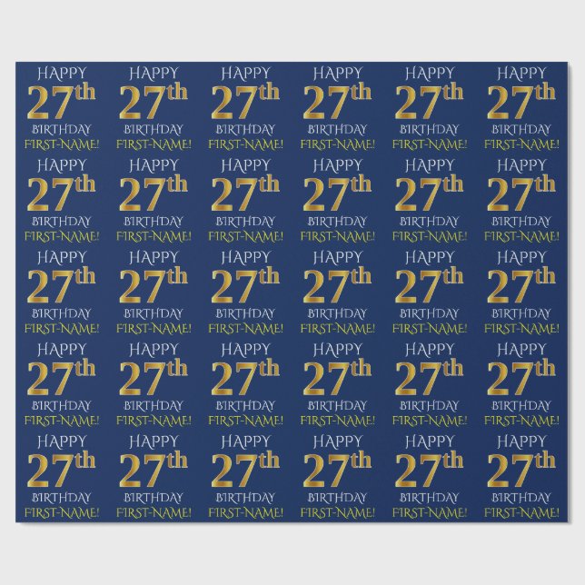 Papel De Presente Azul, Dourado "FELIZ 27 ANIVERSÁRIO" (Aberto)