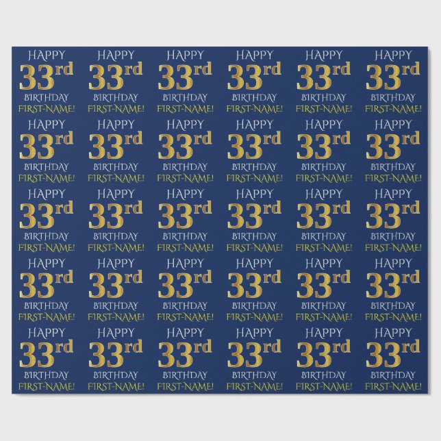 Papel De Presente Azul, Dourado "FELIZ 33 ANOS" (Aberto)