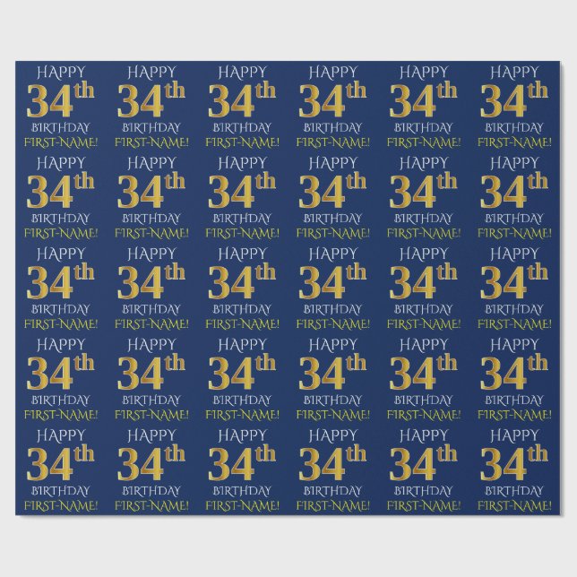 Papel De Presente Azul, Dourado "FELIZ 34 ANOS" (Aberto)