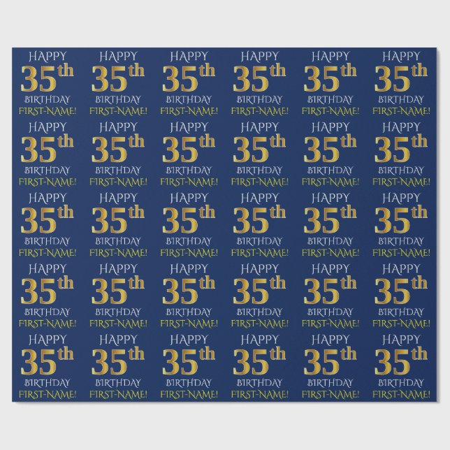 Papel De Presente Azul, Dourado "FELIZ 35 ANOS" (Aberto)