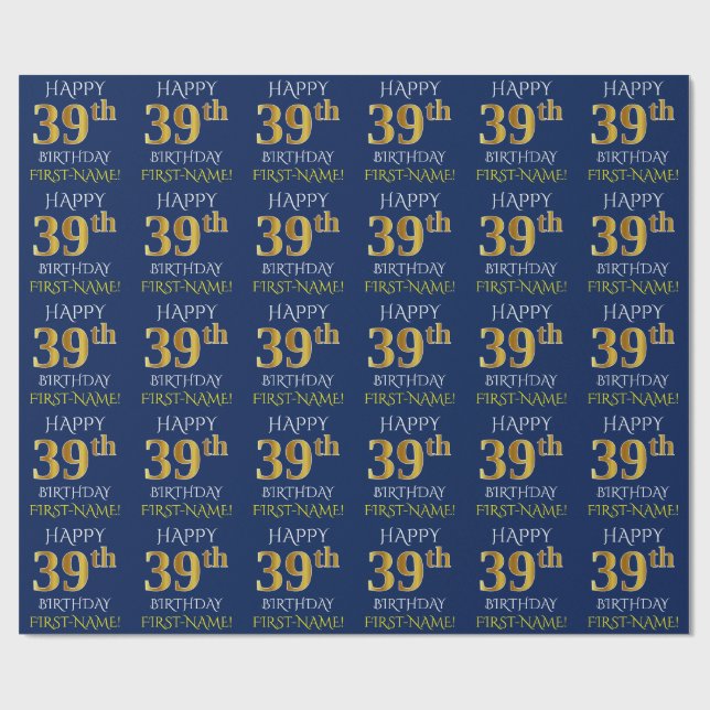 Papel De Presente Azul, Dourado "FELIZ 39 ANOS" (Aberto)