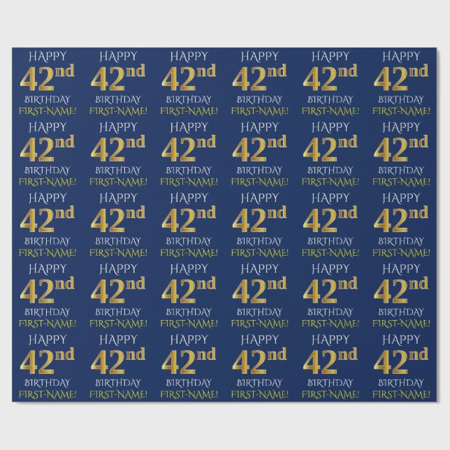Papel De Presente Azul, Dourado "FELIZ 42º ANIVERSÁRIO" (Aberto)