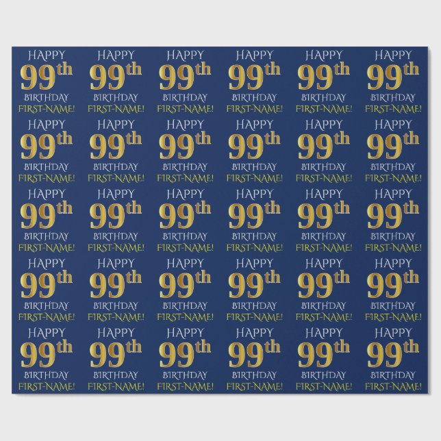 Papel De Presente Azul, Dourado "FELIZ 99º ANIVERSÁRIO" (Aberto)