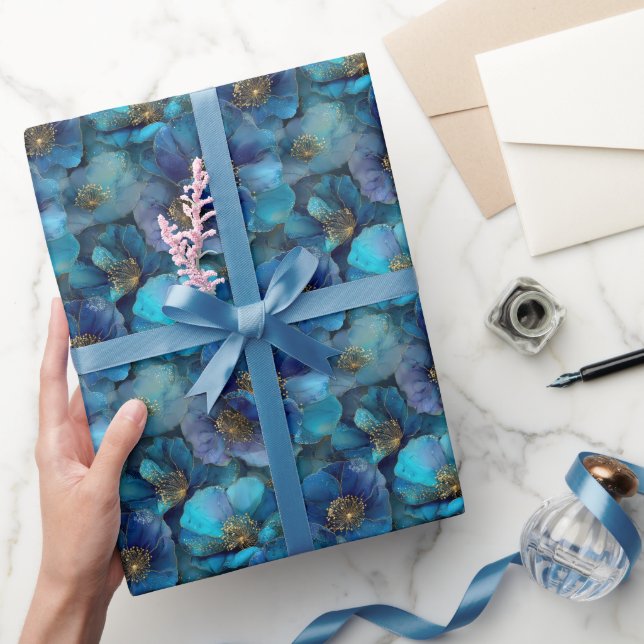 Papel De Presente Azul Dourado Florais Abstratos Aquarela (Presentear)