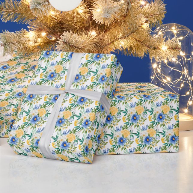 Papel De Presente Azul e Amarelo Floral (Feriados)