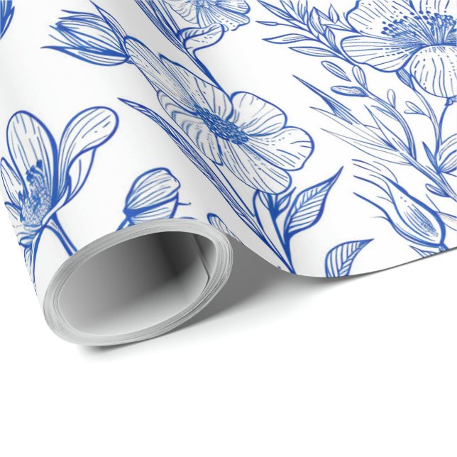 Papel De Presente Azul e Branco Chinoiserie Floral (Ponta do rolo)