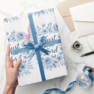 Papel De Presente Azul e Branco Floral Alegria Escrita Fé 