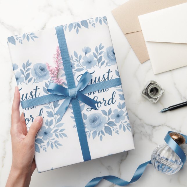 Papel De Presente Azul e Branco Floral Script Elevante Fé  (Presentear)