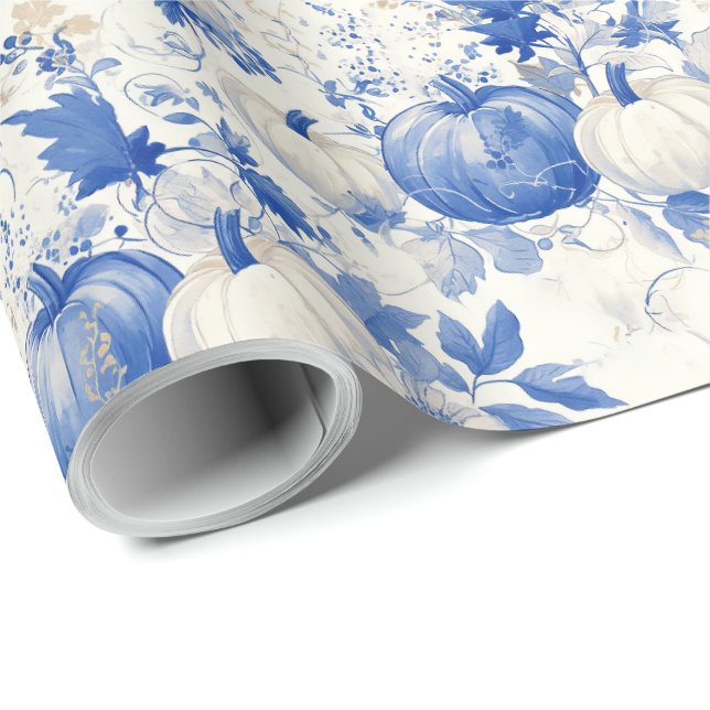 Papel De Presente Azul e Branco Toile Halloween (Ponta do rolo)
