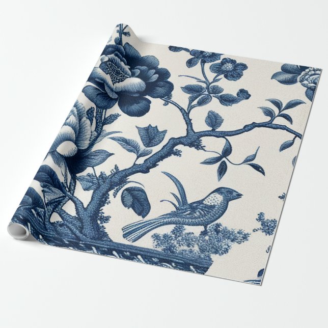 Papel De Presente Azul e Cream Toile (Desenrolado)
