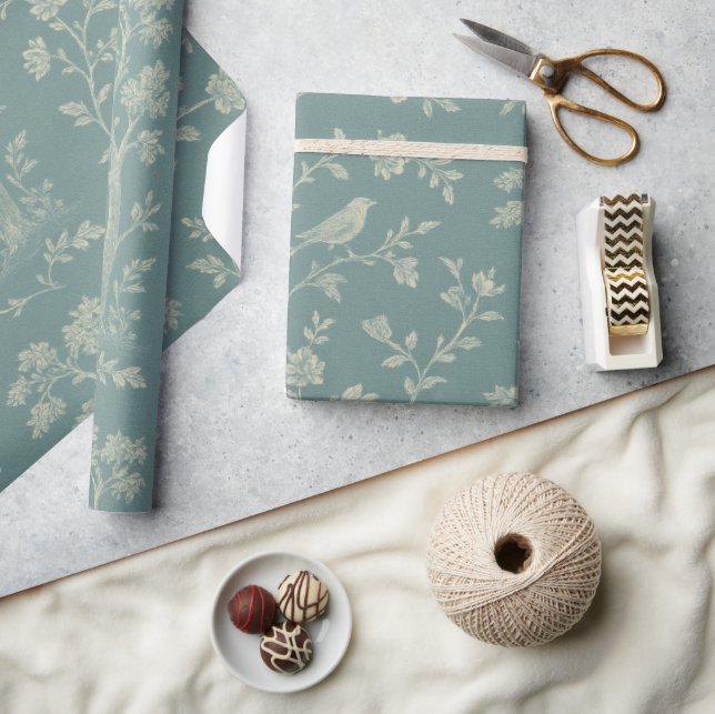 Papel De Presente Azul e Creme Toile Francesa de Pássaros (Artesanato)