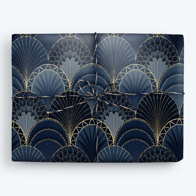 Papel De Presente Azul e Dourada Arte Deco Scallop Luxo (Criador carregado)