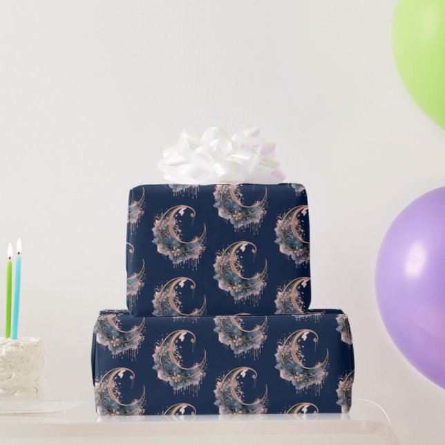 Papel De Presente Azul e Dourado Rosa Padrão de Lua Crescente de Hal (Presentes para festas)