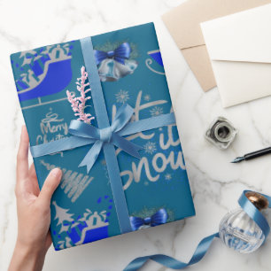 Papel De Presente Azul e Prata Deixar que neve em azul  
