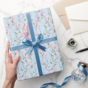 Papel De Presente Azul e Rosa Chinoiserie Botânica Pássaros e Flor