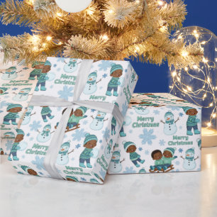 Papel De Presente Azul e Verde Feliz Natal Meninos Afro-Americanos